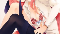 Red eyes bows skirts pink hair bra seifuku thigh highs