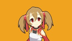 Red eyes brunettes orange background twintails hair ornaments 