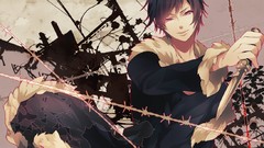 Red eyes coat male short hair black hair durarara orihara izaya 