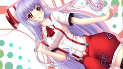 Red eyes dots bows shirts pants blush long hair anime girls 