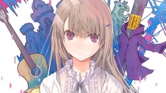 Red eyes faces coat Castles instruments guitars long hair anime 