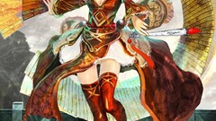 Red eyes fans stockings tank tops smiling anime girls brunettes 