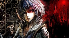 Red eyes gloves faces fences chains blue hair blue eyes short 