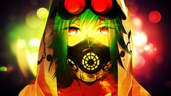 Red eyes goggles short hair vocaloid green hair gas masks 