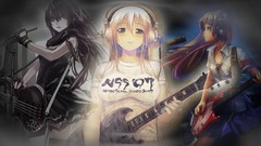 Red eyes instruments guitars long hair anime girls black hair 