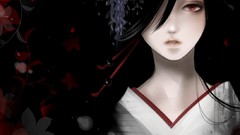 Red eyes kimono black hair pale skin