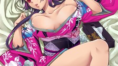 Red eyes legs anime girls purple hair cleavage Japanese clothes 