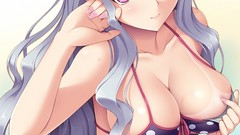 Red eyes long hair anime girls gray hair idolmaster cleavage 