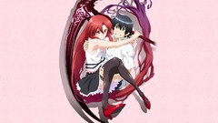 Red eyes long hair anime girls scythe short hair black hair 