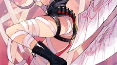 Red eyes pink hair anime girls boots bandages short hair boobs 