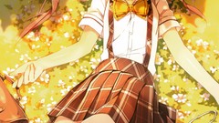 Red eyes pink hair anime girls school uniforms seifuku lying 