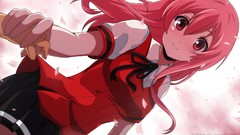 Red eyes pink hair long hair anime girls flower petals seifuku 