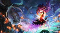 Red eyes pink hair long hair barefoot anime girls