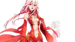 Red eyes pink hair pigtails open mouth yuzuriha inori cleavage 