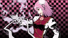 Red eyes pink hair short smiling touhou checkered