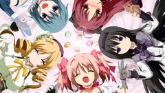 Red eyes Ribbons blondes blush blue hair pink hair long hair 