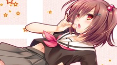 Red eyes schoolgirls skirts blush anime girls brunettes school 