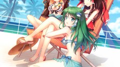 Red eyes sitting blondes anime girls blue eyes green eyes 