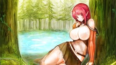 Red eyes skirts anime girls forests redheads artwork boobs huge 