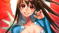 Red eyes smiling long hair anime girls brunettes artwork Midori 