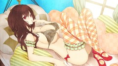 Red eyes stockings long hair bra lying down underwear hentai