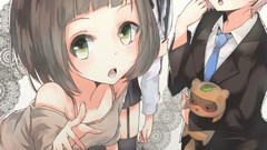 Red eyes suit stockings skirts pink hair anime girls green eyes 