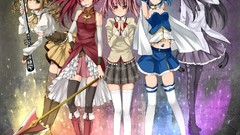 Red eyes Swords blondes spears skirts blue hair pink hair pink 
