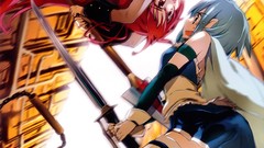 Red eyes Swords skirts blue hair anime girls mahou shoujo 