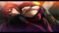 Red eyes tattoos smiling long hair redheads cleavage boobs 