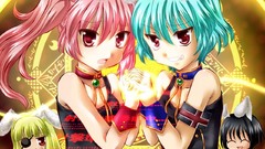 Red eyes twintails grin