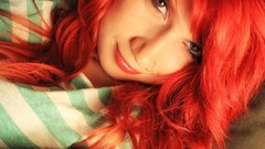 Red eyes woman Photographers Cameras backgrounds piercings 