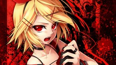 Red headphones red eyes bows singing blondes microphones short 