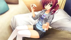 Red ice cream anime girls green eyes game cg thigh highs
