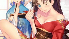 Red kimono blush fate stay night wink tohsaka rin emiya shirou 