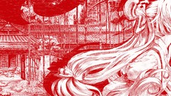 Red monochrome anime girls fujiwara no mokou touhou video games