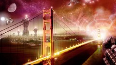 Red moon Bridges graphics cityscapes