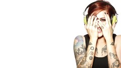 Red Music headphones white background tattoos smiling