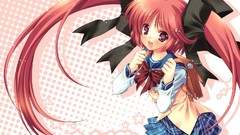 Red pink anime girls seifuku purple eyes twintails hair ribbons