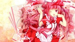 Red pink hair pink eyes anime girls maids aprons