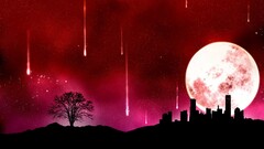 red shooting stars digital art cityscape moon red background sky