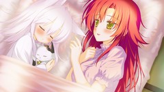 Red sleeping white hair blush long hair anime girls short hair 