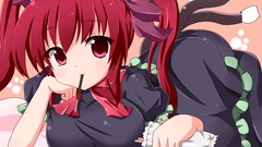 Red touhou animal ears kaenbyou rin tails pocky twintails