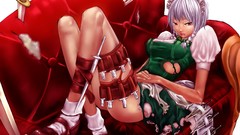 Red weapons dress lips socks Knives white hair red eyes Swords 