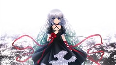 Red white hair Ribbons long hair anime girls game cg rewrite 