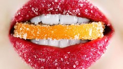 Red white oranges teeth sugar frost lips Frozen lemons fruits