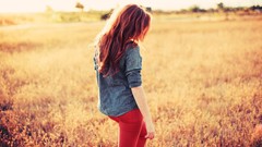 Red woman back outdoors blondes brunettes