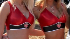 Red woman blondes brunettes budweiser bikini