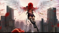 Red woman blood evil buildings angels cities demons artwork