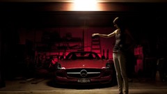 Red woman cars Mercedes-Benz barefoot
