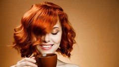 Red woman coffee smiling drinking redheads curly hair